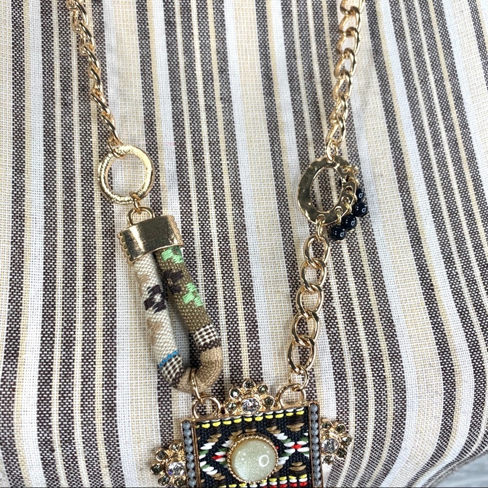 Long Gold Aztec Rhinestone Statement Necklace - Picture 3 of 5